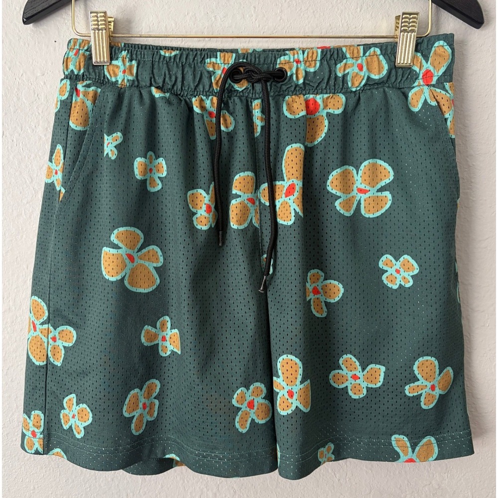 Negative Space Mens Floral Mesh Waffle Shorts Size M Green Streetwear Summer